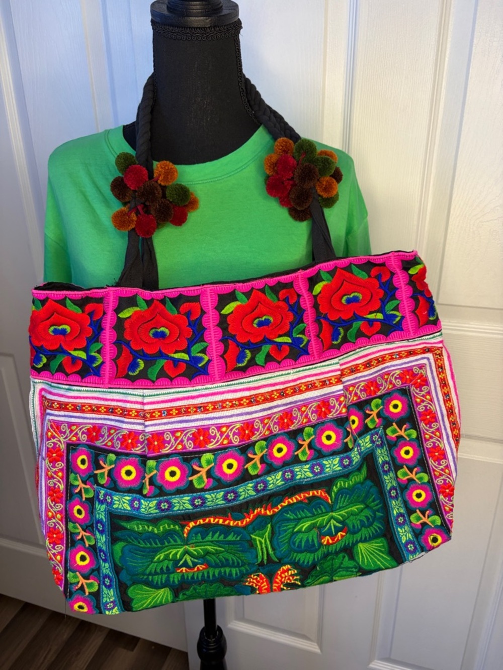 Embroidered Hmong Hill Multicolor Tote Bag with Pom-Pom Accents